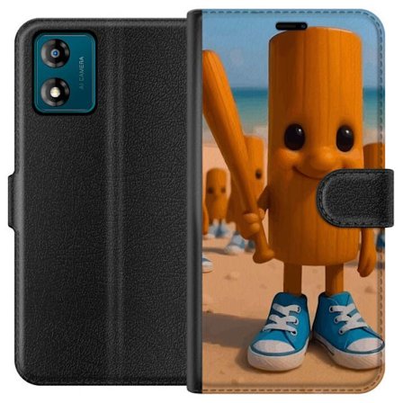 Motorola Moto E13 Lommeboketui Italiensk hjerneskader strandtema - Trefigur med blå sko og baseballtre