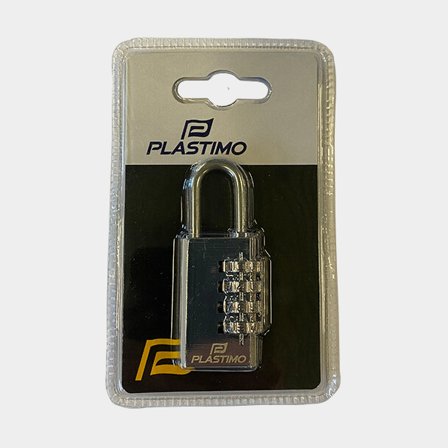Plastimo hänglås rostfritt med kombinationslås, bygel i AISI 316L stål och hus i förnicklad mässing för utomhusbruk.