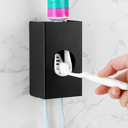 Tannbørsteholder Tannkremdispenser, Veggmontert Tannbørsteoppbevaring Organizer for Baderom, Tannkrempresse (Svart)