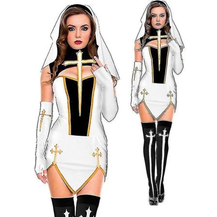 Seksikäs nunna seniordräkt karnevaali Halloween kirkko uskonnollinen luostari Cosplay hieno juhlapuku V White XXL