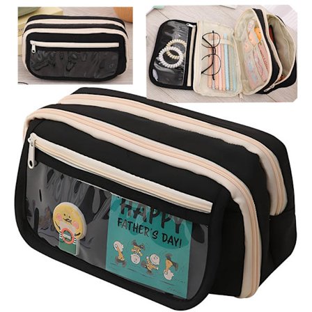 Suuri penaali läpinäkyvällä ikkunalla, monitoiminen penaali, penaali lokeroilla, suuri penaali kouluun ja toimistoon