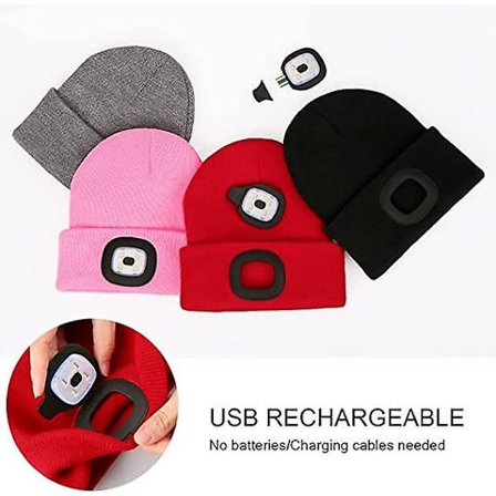 LED-lue for barn, USB-oppladbar håndfri LED-hodelykt, vinterlue med nattlys, lommelykt, rosa