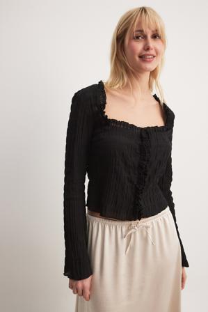 NA-KD Haut volanté à encolure carrée et manches longues - Tops manches longues - Noir - EU 36