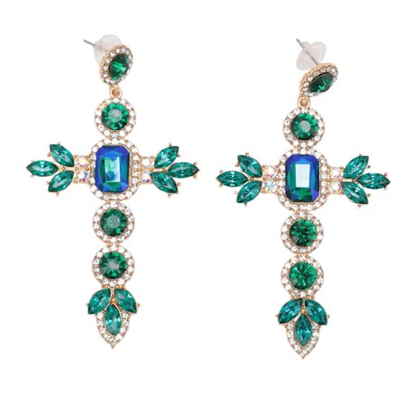 Dangle Cross Vintage Drop Øreringe Personlige KC Guld Elegante Rhinestone Statement Cross Øreringe til Kvinder Grøn