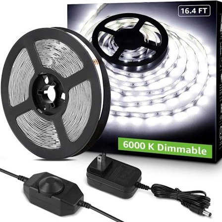 LED Strip Ljus 5M 300 LEDs, 1650lm Dimbar Strip Ljus för Kök, Kallvit 6500K (12V Strömkontakt och Dimmerbrytare Ingår)