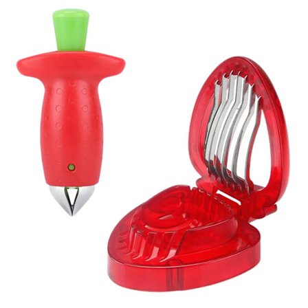 1 sett rustfritt stål jordbærskiver og jordbærfjerner kirsebær frukt grønnsak jordbær stilk og blad fjerningsverktøy multifunksjonell manuell skjæring