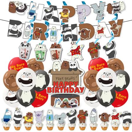 We Bare Bears Fødselsdagsfest Dekoration Bjørne Festartikler Inkluderer HAPPY BIRTHDAY Banner Balloner Kage Topper Cupcake Toppers