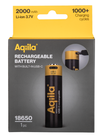 Aqiila USB-C Rechargeable Battery, Size 18650, 2000 mAh, 3.7V (1-pack)