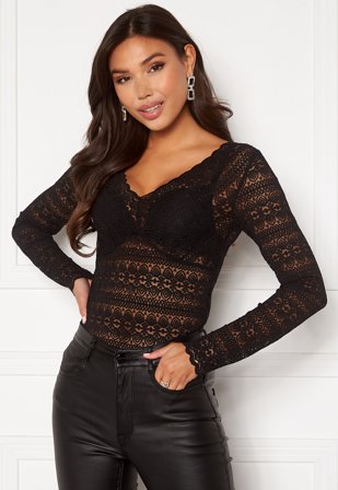 VILA - Chikka V-Neck L/S Lace Top - Black - Kläder - - Bubbleroom
