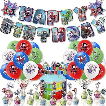 Spidey og hans fantastiske venner bursdagsdekorasjoner, Spidey Friends Party Theme Happy Birthday Banner, Ballonger, Kaketopp for Spiderm...