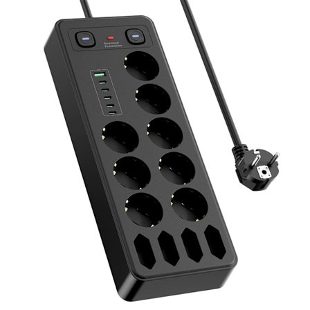 Europæisk stikdåse med USB & Type-C porte, overbelastningsbeskyttelse, 18 stikkontakter til alsidig brug Black