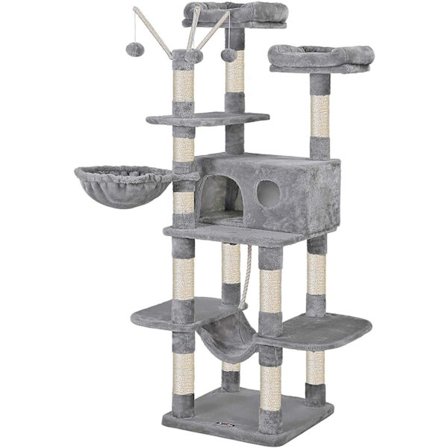 Rootz Cat Tree - Raaputuspylväs - Riippumatto - Kissaluola - 6 tasoa - Harmaa - Beige - 50 x 50 x 164 cm