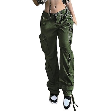 Dame Baggy Hip Hop Cargo Bukser Med Lomme Y2k Lav Talje Snøre Løse Joggingbukser Cargo Bukser Casual Sweatpants Streetwear