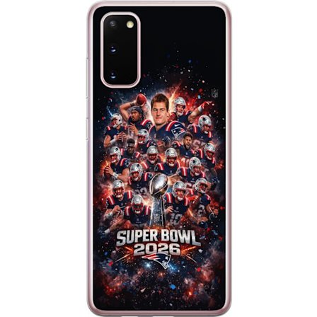 Yhteensopiva Puhelinkuori Samsung Galaxy S20 Super Bowl 2026 juliste, jossa New England Patriots ja NFL-mestaruuspalkinto räjähtävän urheilullisessa s