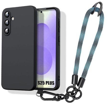 Telefoncover - til Samsung Galaxy S25 Plus - Blødt Silikone Sort - Robust Blå Snor - 6,7 tommer