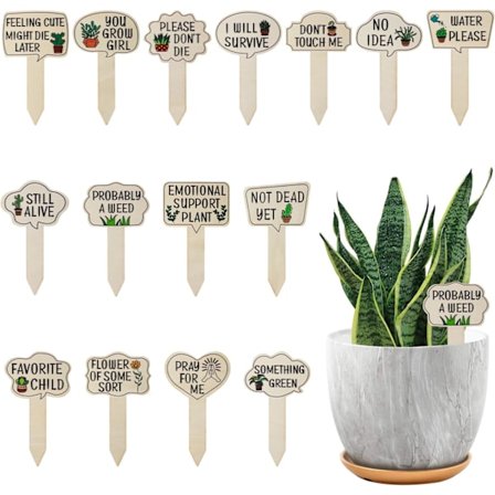 15 stk. Plantemarkører, Treplantetiketter Morsomme Planteskilt med Stake, Interessante Ord og Søte Mønstre, Hage T