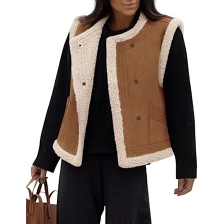 (M) Vintervest i kunstig semsket skinn for kvinner, ermeløs, med knapper, fleecefôret, sherpafôret, trendy, avslappet yttertøyjakke