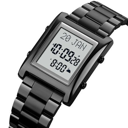 Azan-kello muslimien rukouksiin Qibla-kompassilla, Islam Al-Harameen Fajr -aikakello sisältää Hijri-kalenterin, musta valkoinen