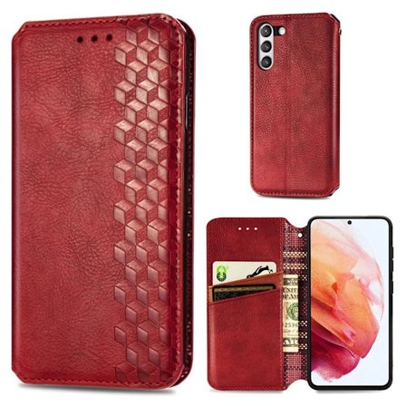 Nahkakotelo With A Stylish Rhombus Imprint For Samsung Galaxy S21 FE - Punainen