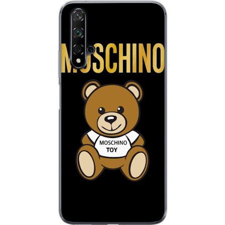 Kompatibelt Mobilskal till Huawei Huawei nova 5T Moschino-inspirerad nallebjörn med text på tröjan, centrerad mot svart bakgrund med tydlig mode- o