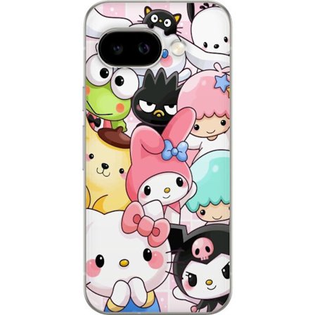 Yhteensopiva Puhelinkuori Google Pixel 9a Tiheä kuvio suloisia hahmoja, joilla on suuret silmät eri väreissä ja ilmeissä LABUBU-tekstillä