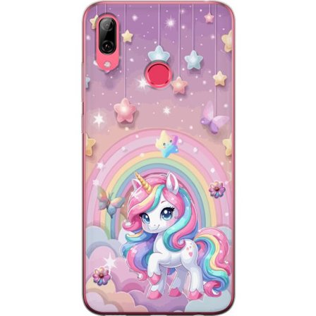 Kompatibel Mobilcover til Huawei Y7 (2019) Magisk enhjørning med regnbue manke, stjerner og sommerfugle mod en pastelfarvet himmel med skyer