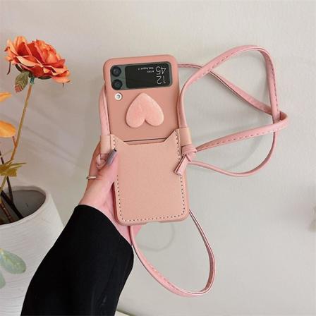 Love Heart Case Kompatibel Med Samsung Galaxy Z Flip 4, Pc Ramme Pu Læder Stødsikkert Cover Med Lanyard Pink