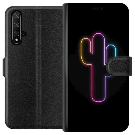 Yhteensopiva Lompakkokotelo Honor Honor 20 Neonpiirros kaktuksista vaaleanpunaisessa ja sinisessä valossa tummaa taustaa vasten