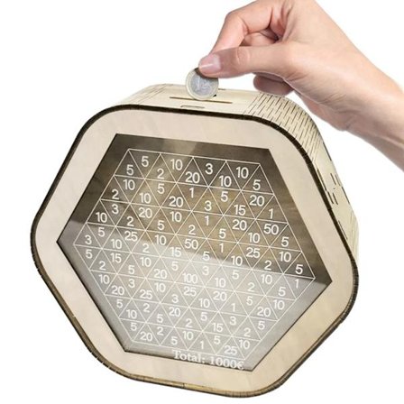 Puinen säästölipas, säästölipas numeroilla, puinen säästölipas laskurilla, säästötavoite 1000 €, säästölipas lapsille aikuisille