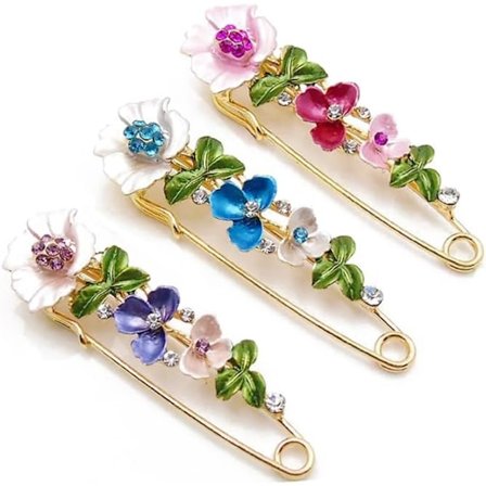 Strass Blomma Säkerhetsnålar 3 Stycken - Stora Dekorationsnålar för Kvinnor - Broschnålar för Tröjor och Scarves - Västklämma och Hattaccessoar