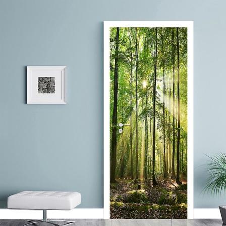 Forest Early Morning 77x200cm 3D Dørklistremerkelapp Vinkjeller Fotomural Trompe l'oeil Veggklistremerker PVC Vanntett Tapet for Soverom Bad Kjøkken