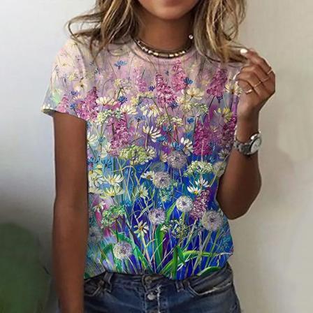 Print T-shirt För Kvinnor Med Blommönster