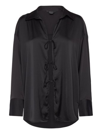 Monki Tiedetail Relaxed Satin Shirt - Black - S