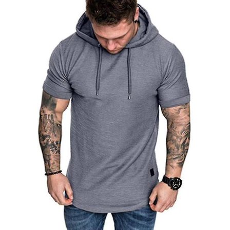 Miesten lyhythihainen hupullinen T-paita kuntoiluun, treeniin, kuntosalille, huppari, lihaksia korostava paita..