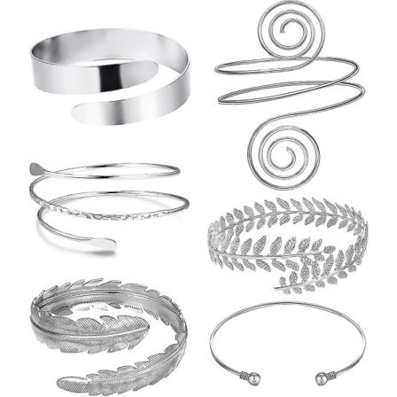 6 Stykker Arm Mansjetter, Øvre Arm Med Mansjett Armbånd, Damer Sølv Gull Justerbar Armbånd Sett Sølv silver