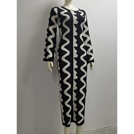 Sommar Kvinna Randig Stickad Maxi Kläder Elegant O-ring Flare Långärmad Bodycon Kläder Dam Mode Streetwear Party Kläder