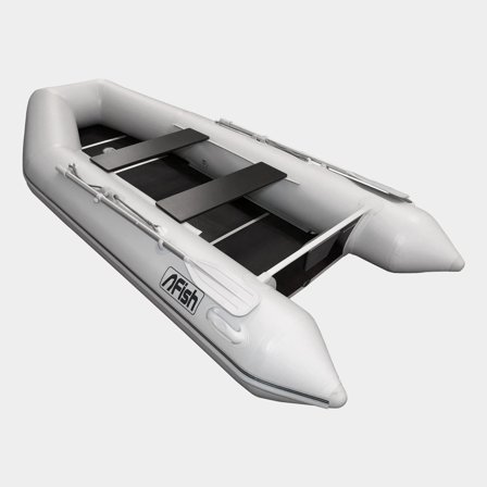 Gummibåd / gummijolle Fish 330, trægulv, grå + årer + pumpe + reparationskit