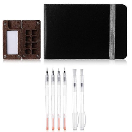 Mini Portabel Akvarellfärgset Rese-målarpalett Trä-galler Målarbox, Fick-akvarell Skissbok Pappersblock