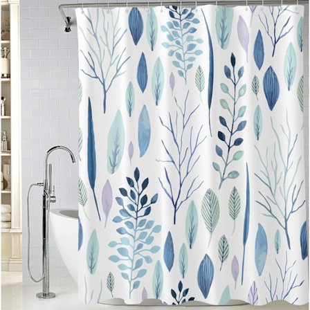 Lövblad Duschdraperi, Blå och Vit Växt Badrum Duschdraperier, Vattentät Tyg Botanisk Duschdraperi, 72 x 72 tum