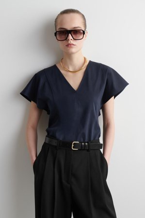 COS Women's Petal Sleeve Cotton Top in Blue