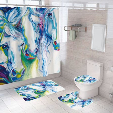 Bruseforhæng med heste, 4-delt badeværelsessæt (stil 2), sort hestedyr vandtæt bruseforhæng