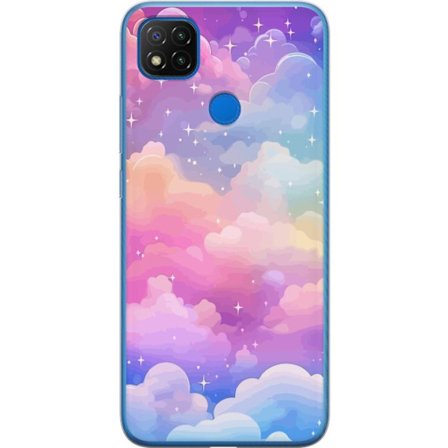 Kompatibelt Mobildeksel til Xiaomi Redmi 9C Søt enhjørning med regnbuefarget hår mot en stjernebelagt pastellbakgrunn i kawaii-stil