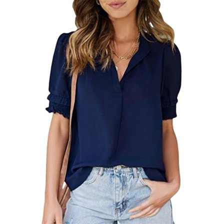 Dame Babydoll Bluser V-Hals Tunika Toppe Sommer Løse Puf Toppe Casual Løs Pasform Flæseærme Toppe Bluser T-Shirt Toppe navy blå XL
