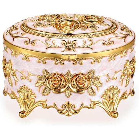 Vintage Rund Smyckeskrin Liten Prydnadsförvaring Organizer Box Guldmetall Bröst Ringfodral Skattkista Souvenirask Örhängen Halsband Förvaringslåda 