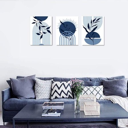 Marineblå farver, geometriske former, vægkunsttryk, Mid Century Modern abstrakt kunstindretning