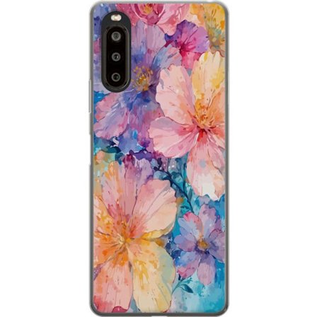 Yhteensopiva Puhelinkuori Sony Sony Xperia 10 II Vesivärimaalaus suurilla kukilla vaaleanpunaisissa, sinisissä ja keltaisissa sävyissä pehmeässä