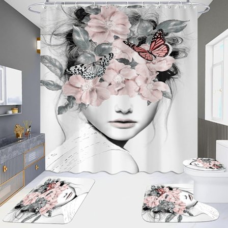 3-delat set blommigt duschdraperi ros blomma fjäril duschdraperi vit badrumsdekoration enkla drag