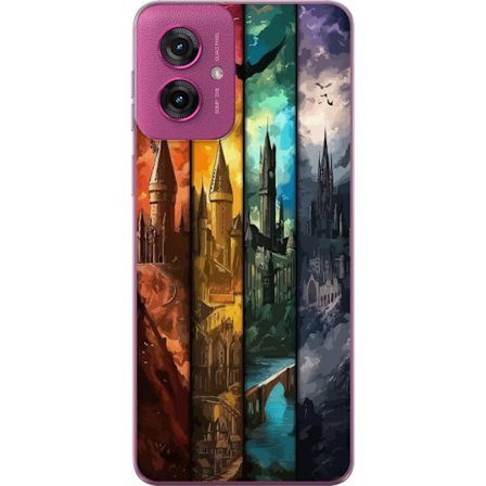 Kompatibel Mobilcover til Motorola Motorola Moto G55 Fire magiske slotte i forskellige elementfarver, episk fantasykunst med ild vand luft og mørke i