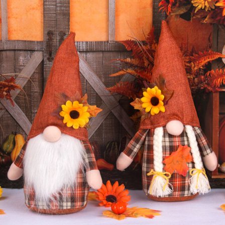 Sett med 2 dekorative høstnisser plysj alv Thanksgiving solsikke dekorasjon for hjemmekjøkken