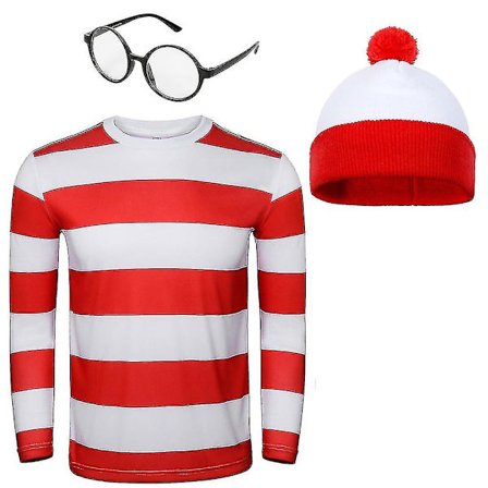 Wally Cosplay -asu aikuisille, Waldo punavalkoraidallinen t-paita, lasit, hattu, puku, joulun cosplay-asu, joululahjat